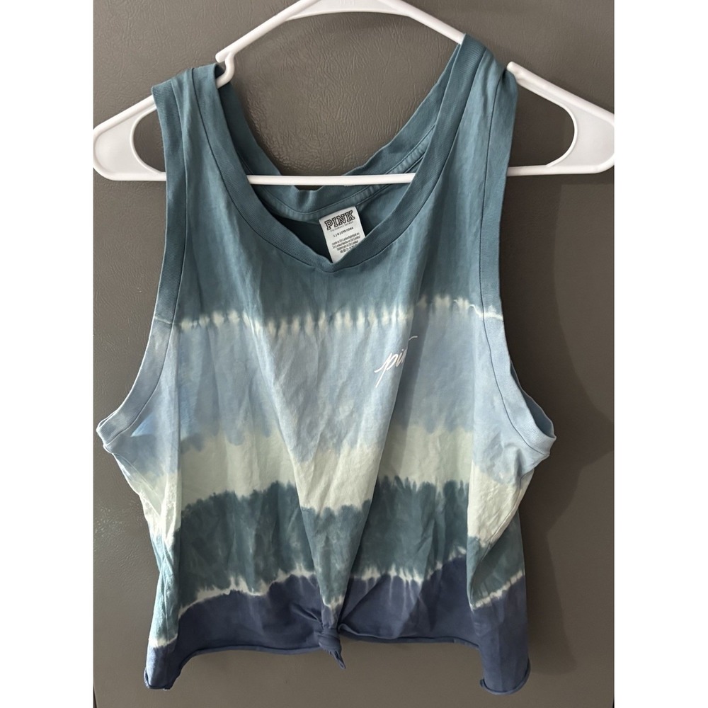 PINK Victorias Secret Women's Large Cropped Tank Tie Dye Blue Knot Front Striped
